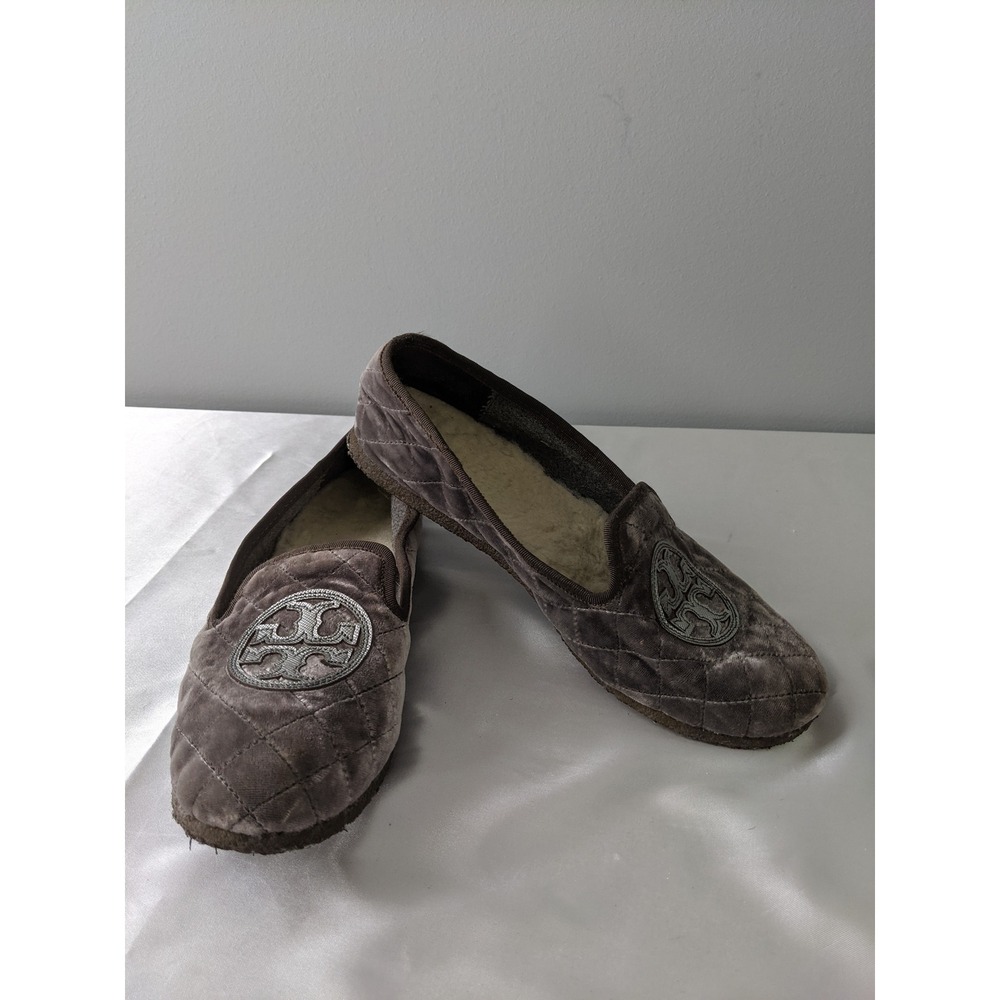 Tory Burch Womens Charcoal Grey Quilted Velvet Faux Shearling Slippers Size 9